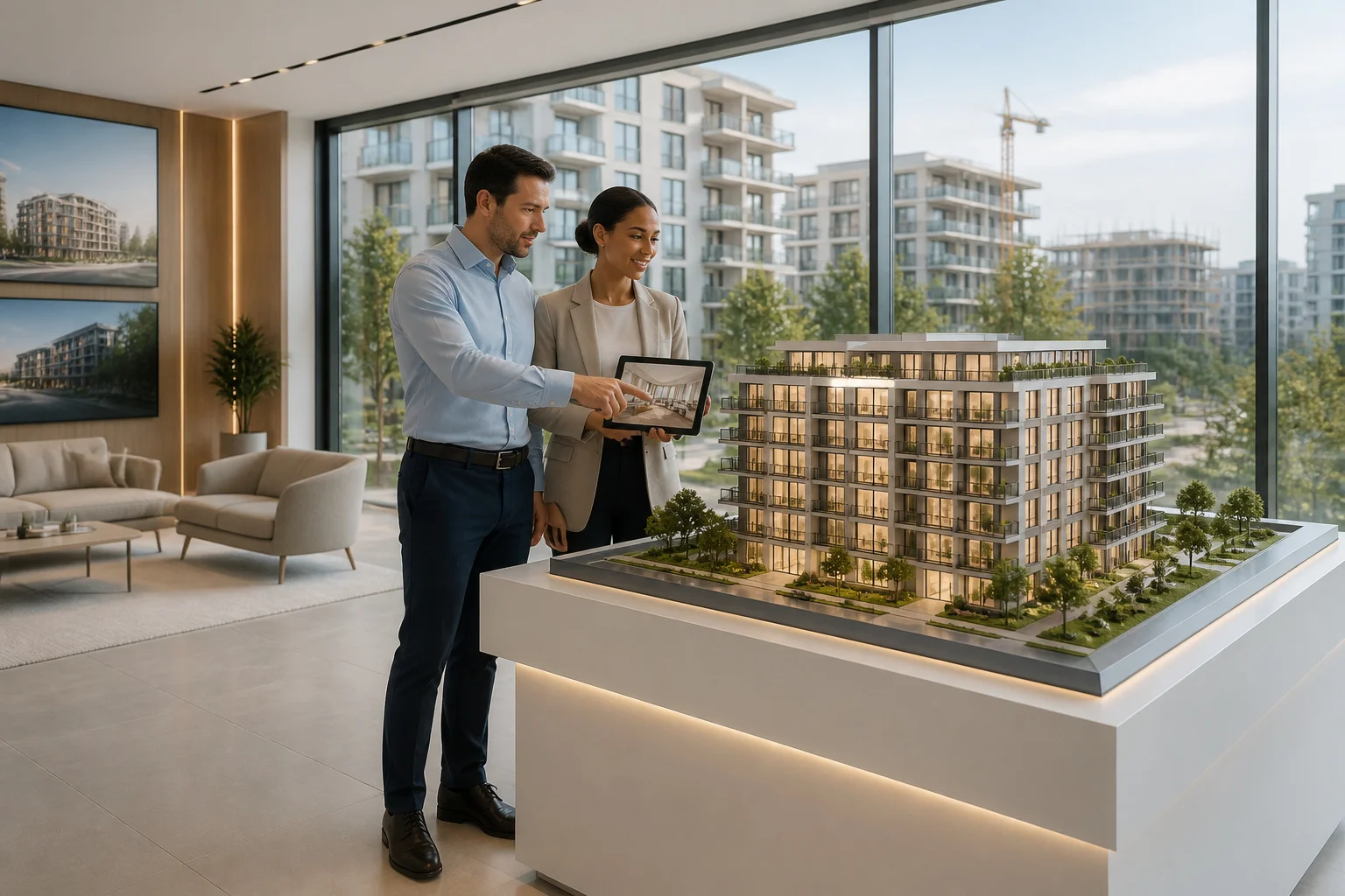 Achat vefa couple decouvrant un modele dappartement