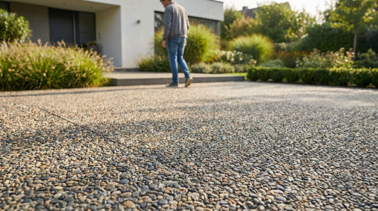 Vue au sol d'une allée en béton désactivé avec un homme marchant vers une maison moderne en arrière-plan.