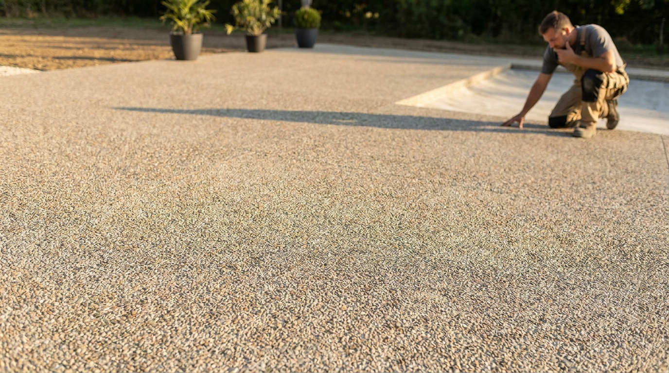 Un artisan inspecte une terrasse en béton lavé près d'une piscine extérieure.