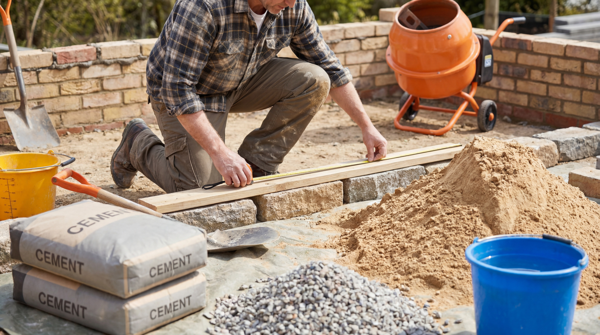 Un ouvrier mesure une planche en bois sur un chantier avec des sacs de ciment, du sable et une bétonnière.
