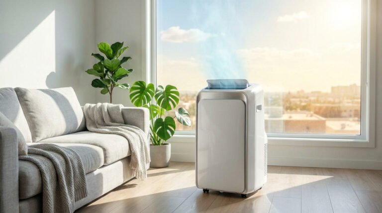 Climatiseur mobile moderne diffusant de l'air frais dans un salon ensoleillé avec un canapé et des plantes vertes.