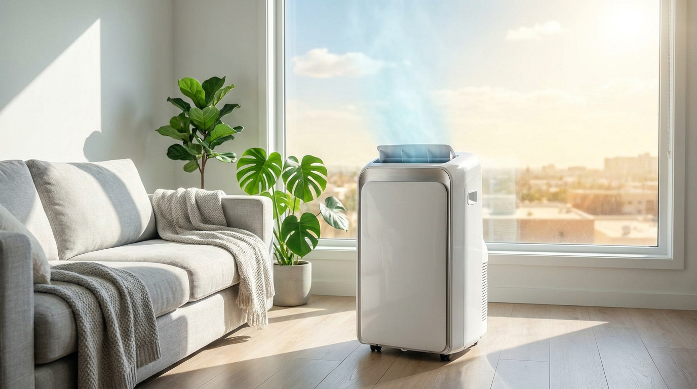 Climatiseur mobile moderne diffusant de l'air frais dans un salon ensoleillé avec un canapé et des plantes vertes.