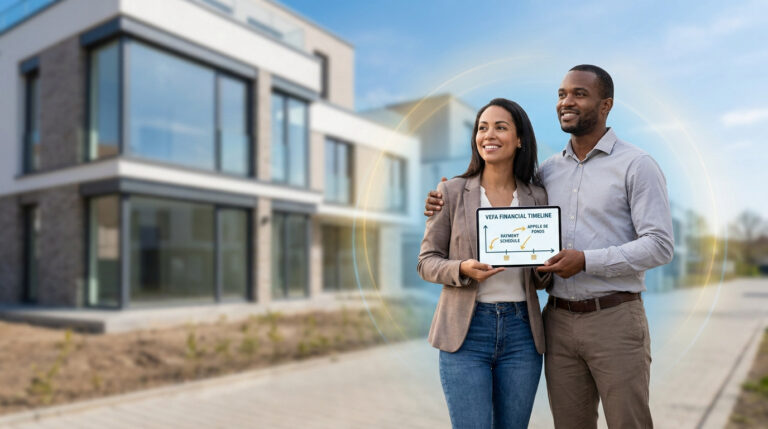 Un couple souriant présente une tablette illustrant le calendrier des appels de fonds pour un achat immobilier en VEFA.