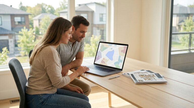 Un couple consulte une carte de zonage sur un ordinateur portable dans une maison lumineuse.