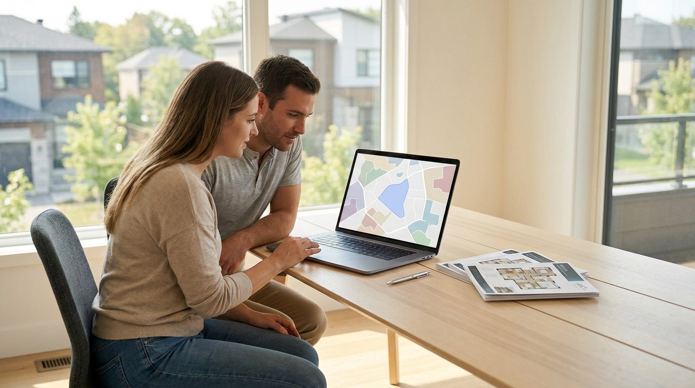 Un couple consulte une carte de zonage sur un ordinateur portable dans une maison lumineuse.