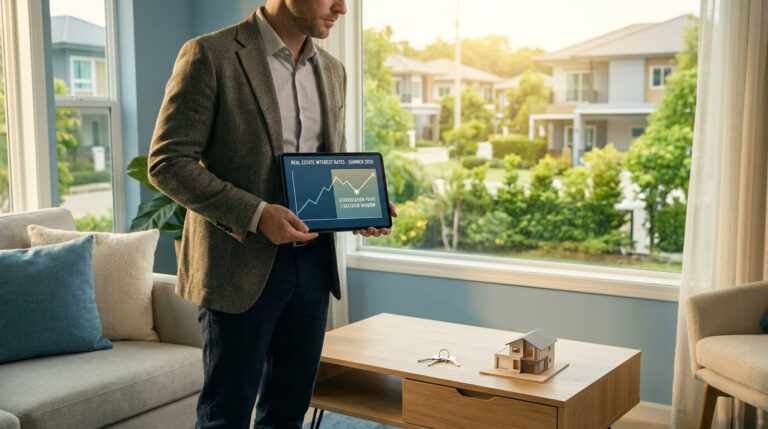 Un homme en veste tient une tablette affichant une courbe de taux immobiliers devant une fenêtre avec vue sur des maisons.