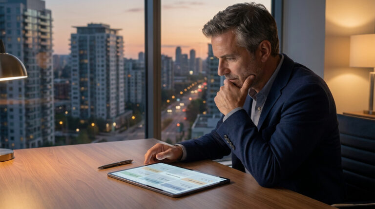Homme d'affaires pensif travaillant sur une tablette dans un bureau avec vue sur une ville au coucher du soleil.