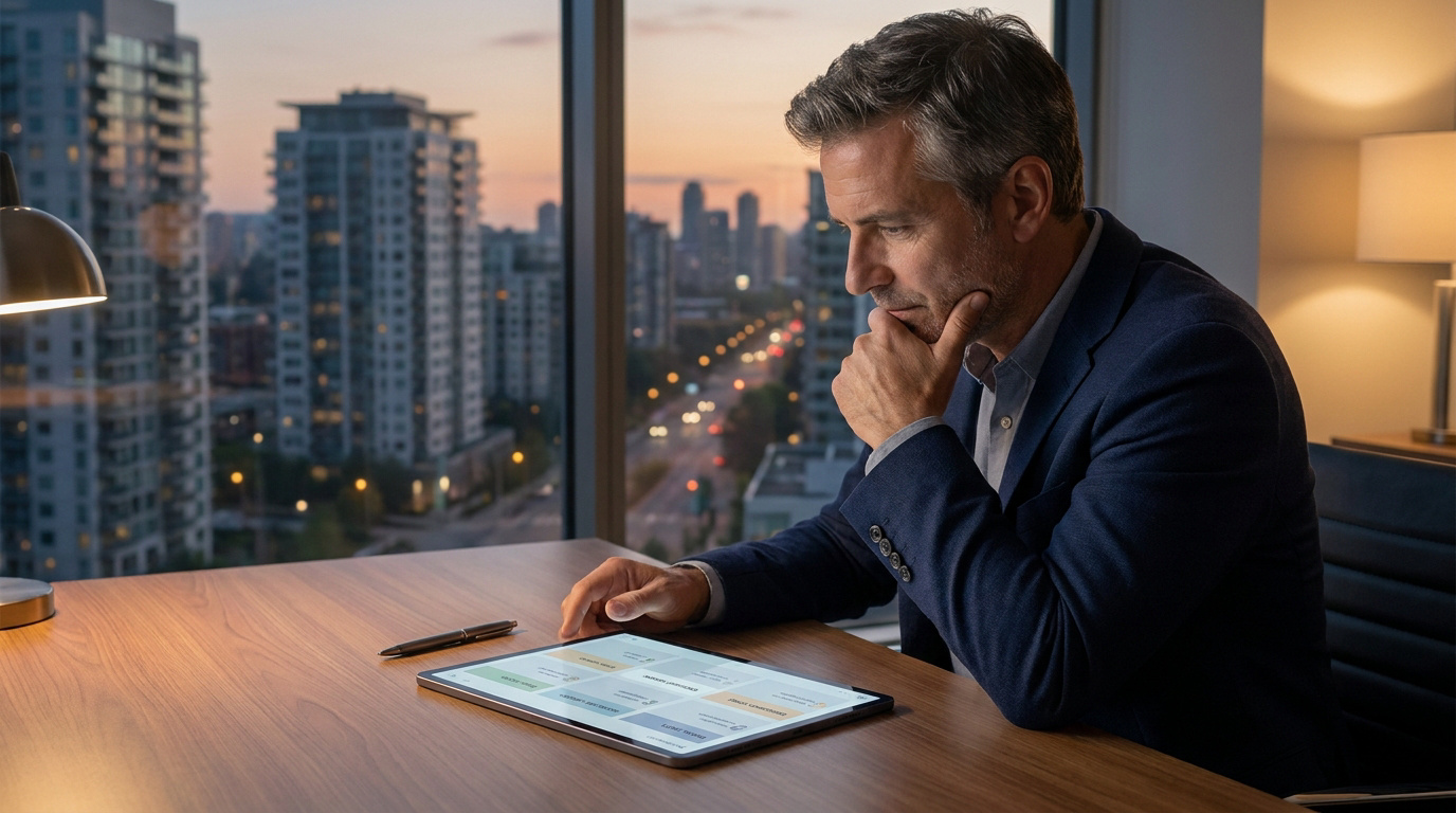 Homme d'affaires pensif travaillant sur une tablette dans un bureau avec vue sur une ville au coucher du soleil.