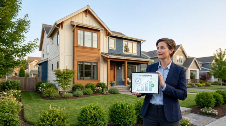 Une agente immobilière présente une tablette affichant une estimation de valeur devant une belle maison moderne.