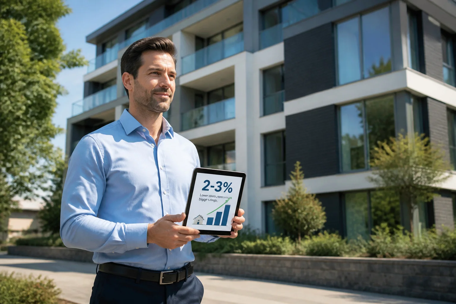 Homme daffaires souriant avec tablette devant immeuble