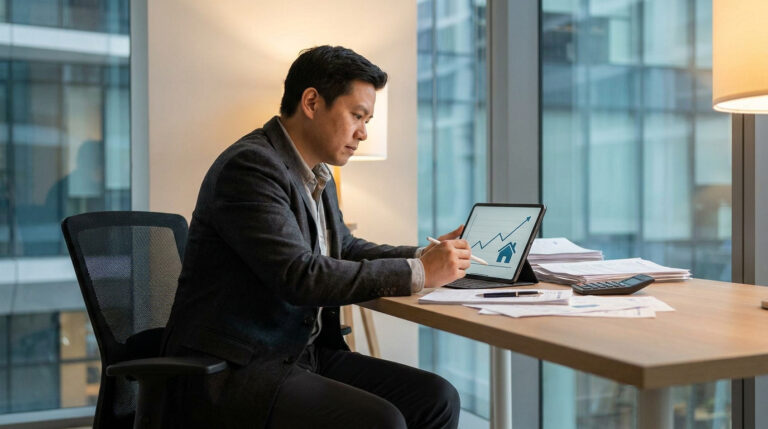 Un homme d'affaires travaillant sur une tablette affichant un graphique de croissance immobilière dans un bureau moderne.