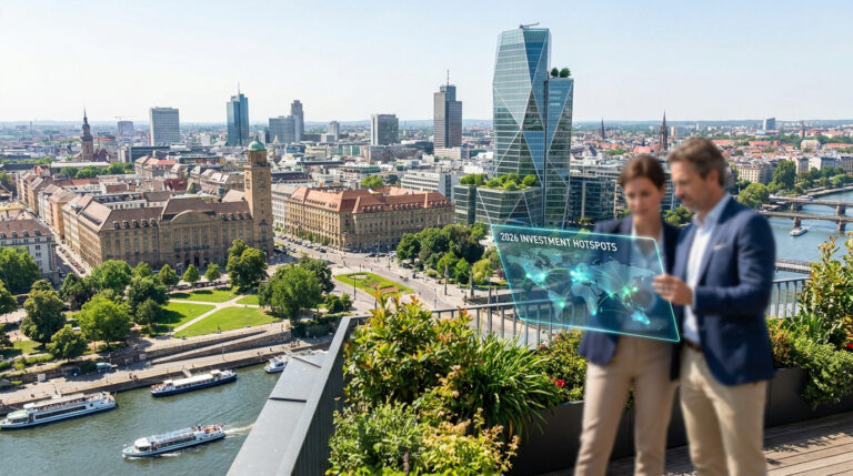 Un couple d'investisseurs consulte une carte numérique interactive projetée au-dessus d'un paysage urbain moderne.