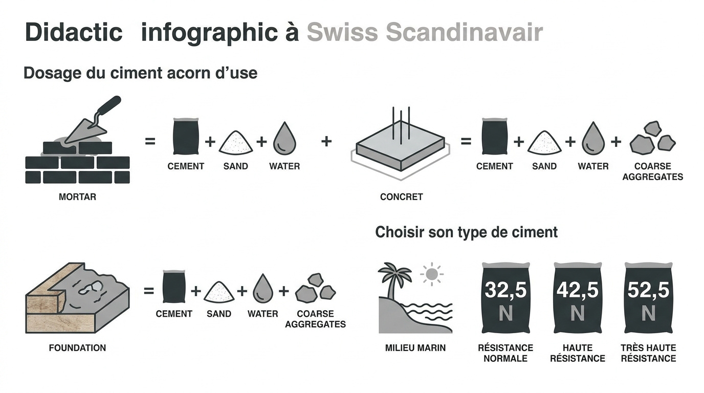Infographie récapitulative des dosages de ciment pour mortier et béton selon l'usage