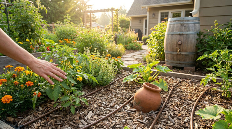 Main touchant un plant de tomate dans un potager équipé d'un système goutte-à-goutte et d'un récupérateur d'eau.
