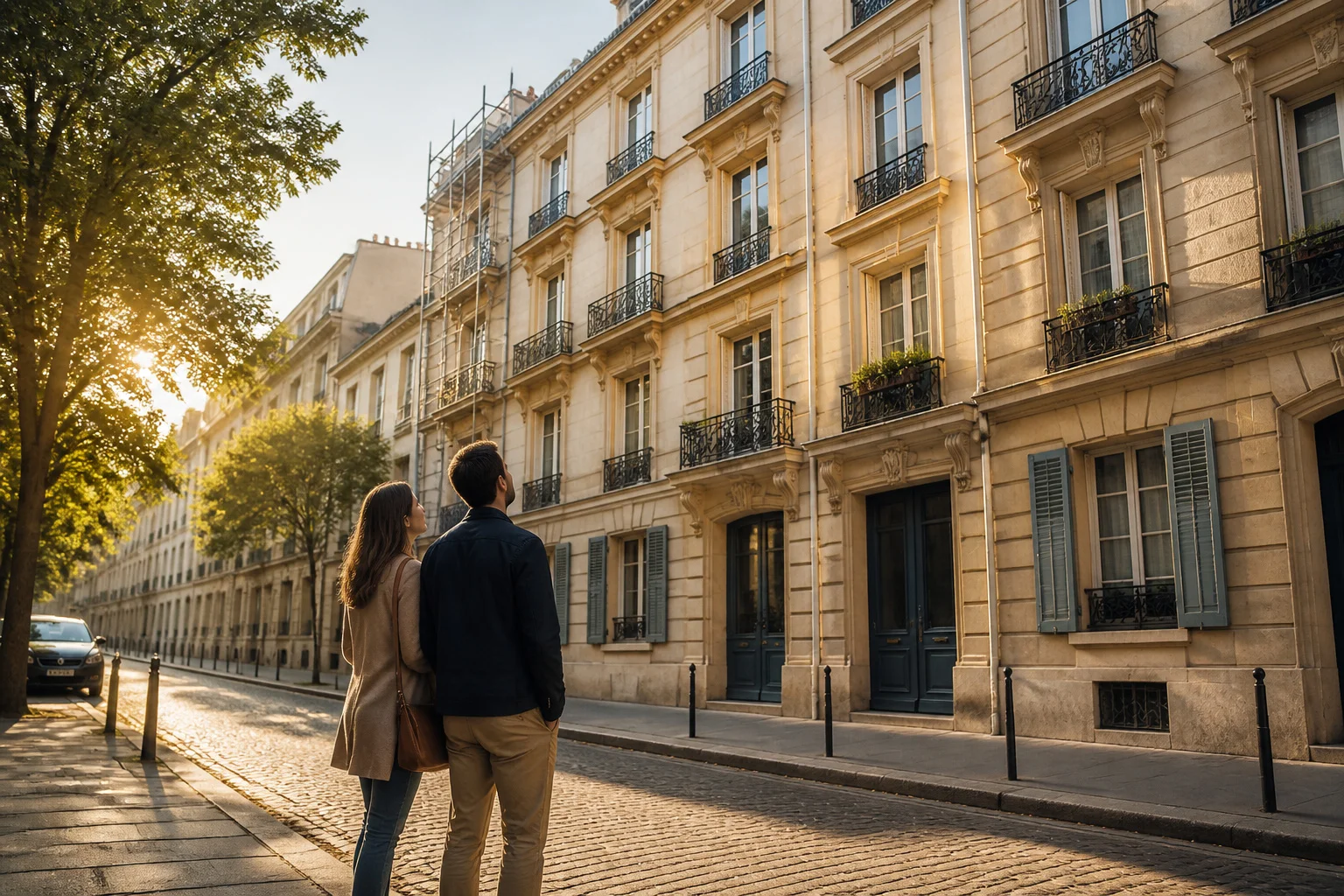 Couple admirant un immeuble parisien
