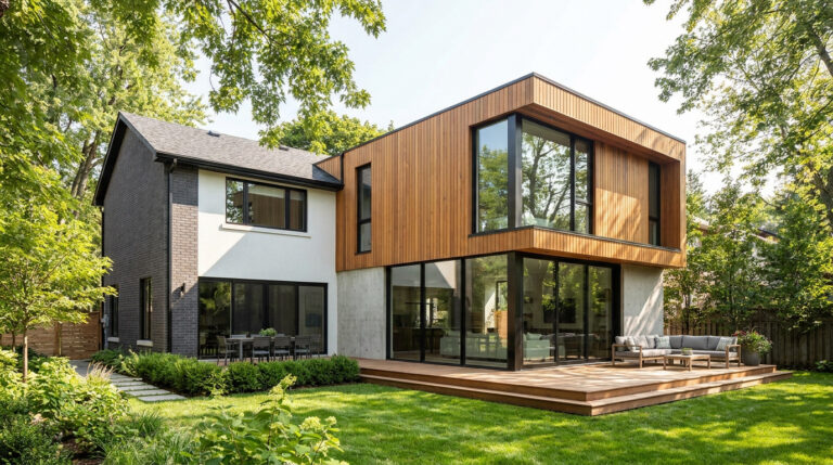 Extension de maison moderne alliant béton, bois et grandes baies vitrées dans un jardin verdoyant.