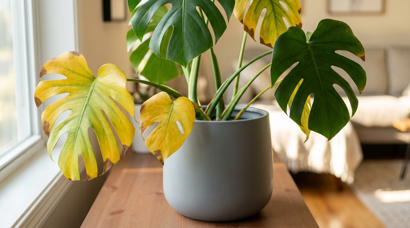 Un Monstera Deliciosa dans un pot gris avec plusieurs feuilles jaunies et tachées de brun placées sur une table en bois.