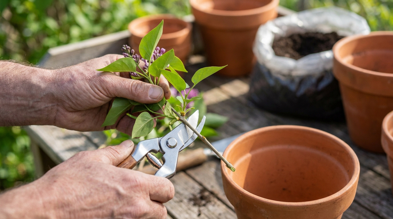 Mains de jardinier taillant une bouture de lilas avec un sécateur au-dessus de pots en terre cuite.