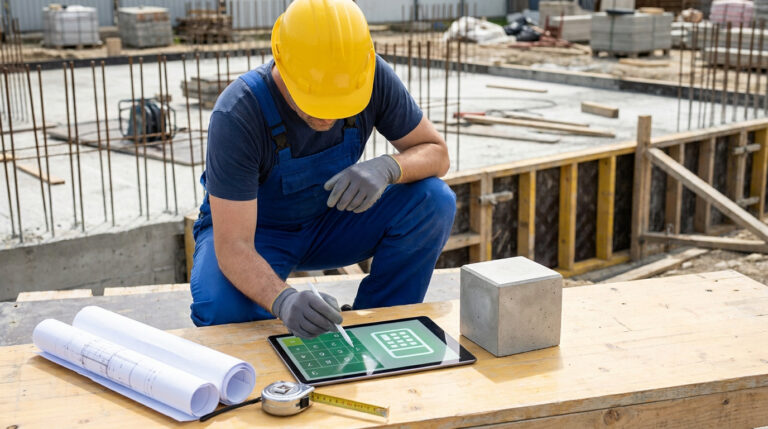 Ouvrier en tenue de chantier utilisant une tablette numérique pour calculer le volume de béton.