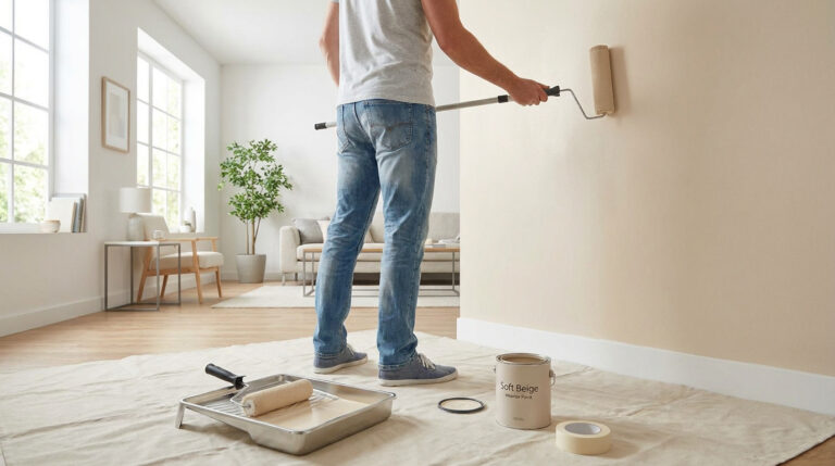 Un homme en jean et t-shirt peint un mur en beige dans un salon lumineux à l'aide d'un rouleau à peinture.