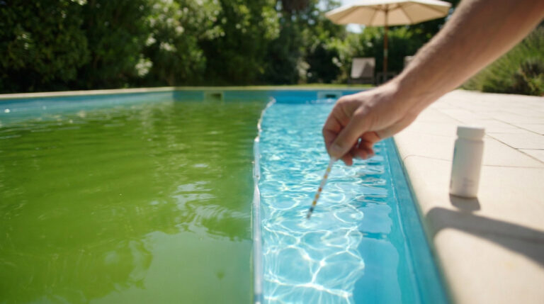 Main utilisant une bandelette de test sur une piscine montrant une séparation entre une zone verte et une zone bleue.