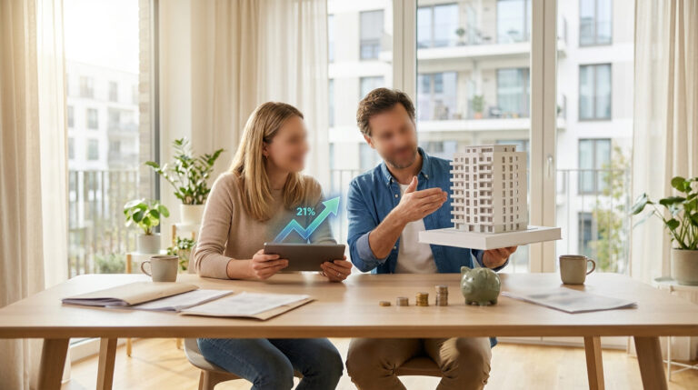 Couple examinant une maquette d'immeuble et une tablette avec une flèche de croissance de 21% pour un projet immobilier.