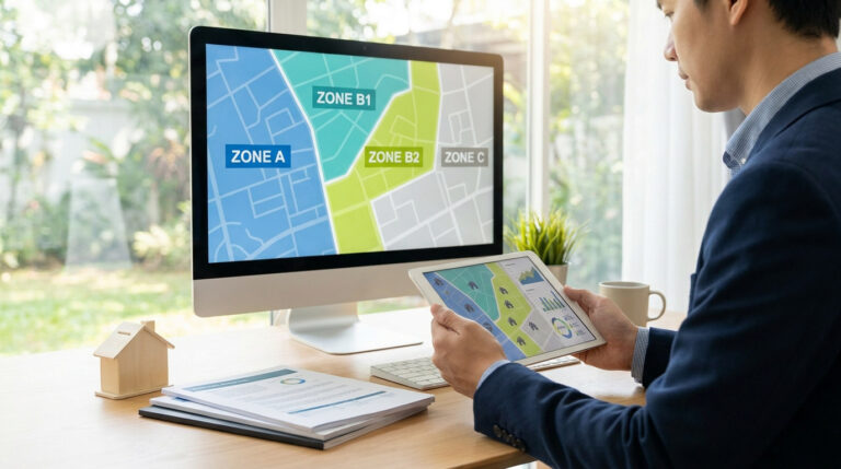 Homme travaillant sur un ordinateur et une tablette affichant une carte des zones immobilières A, B1, B2 et C.