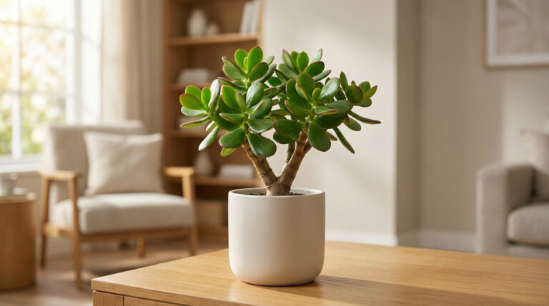 Un arbre de jade en pot posé sur une table en bois dans un salon lumineux au style épuré.