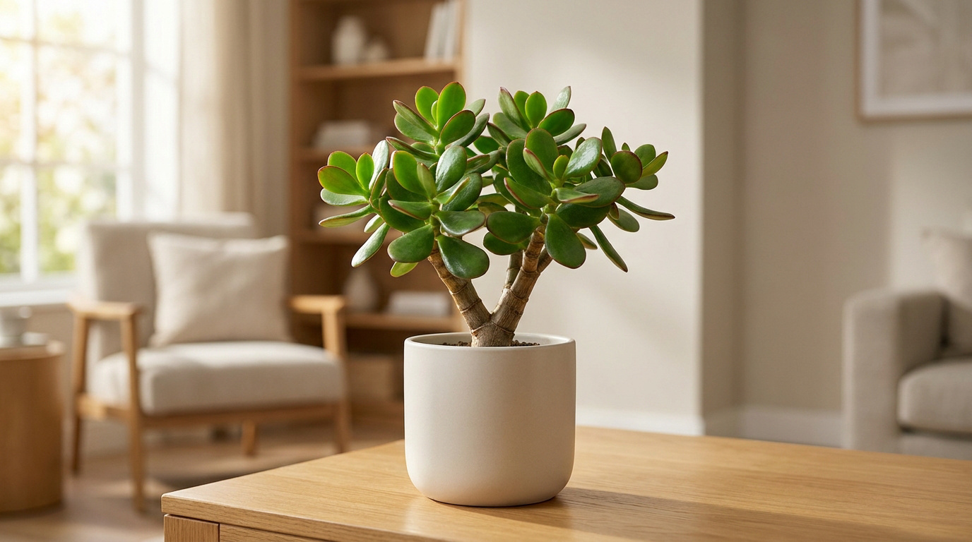 Un arbre de jade en pot posé sur une table en bois dans un salon lumineux au style épuré.