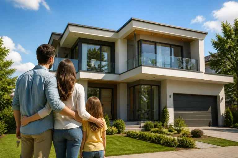 Famille devant sa nouvelle maison moderne