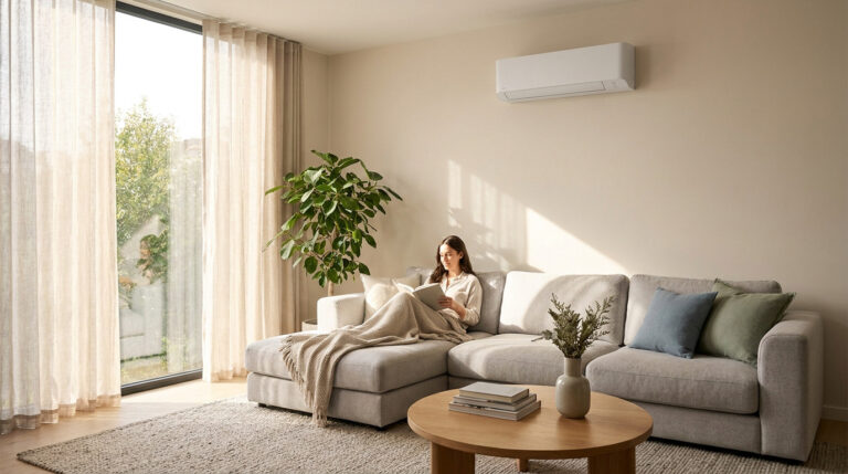 Une femme lit paisiblement sur un canapé dans un salon moderne équipé d'une climatisation réversible murale.