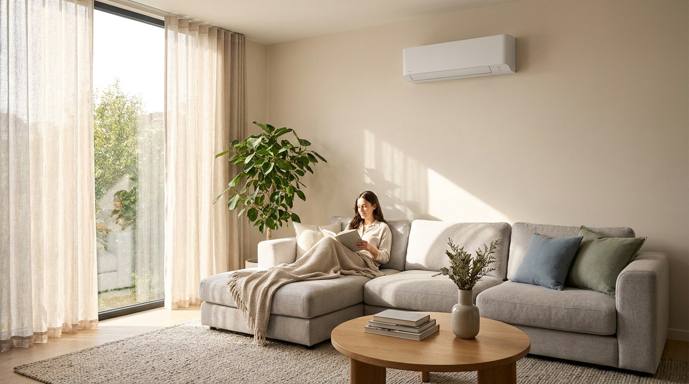 Une femme lit paisiblement sur un canapé dans un salon moderne équipé d'une climatisation réversible murale.
