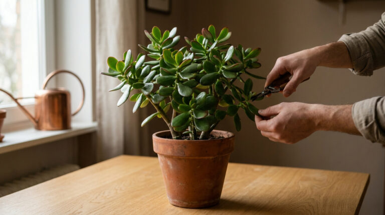 Gros plan sur des mains taillant un arbre de jade dans un pot en terre cuite sur une table en bois près d'une fenêtre.