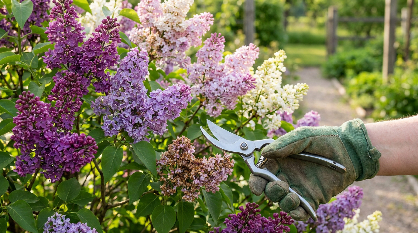 Une main gantée tenant un sécateur devant un lilas en fleurs pour montrer comment le tailler.