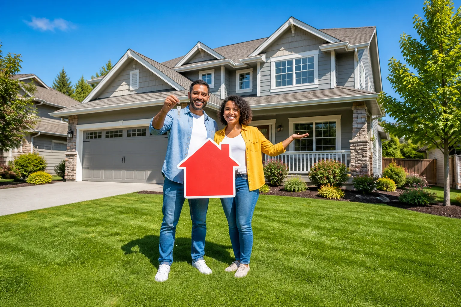 Couple heureux devant leur nouvelle maison