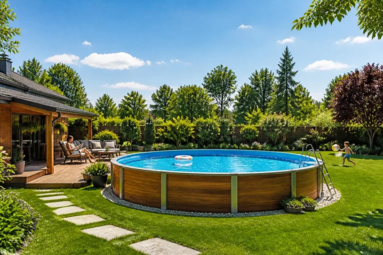 Piscine hors sol moderne dans un jardin ensoleille