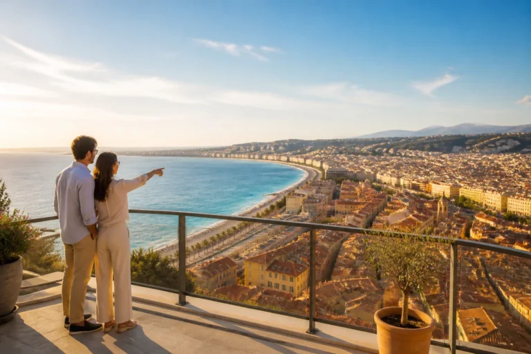 Couple admirant la baie des anges a nice
