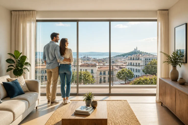Couple admirant une vue urbaine depuis leur appartement