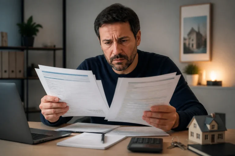 Homme preoccupe par des documents immobiliers
