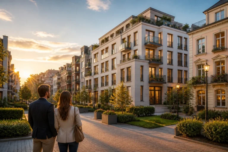 Quartier residentiel europeen au coucher du soleil