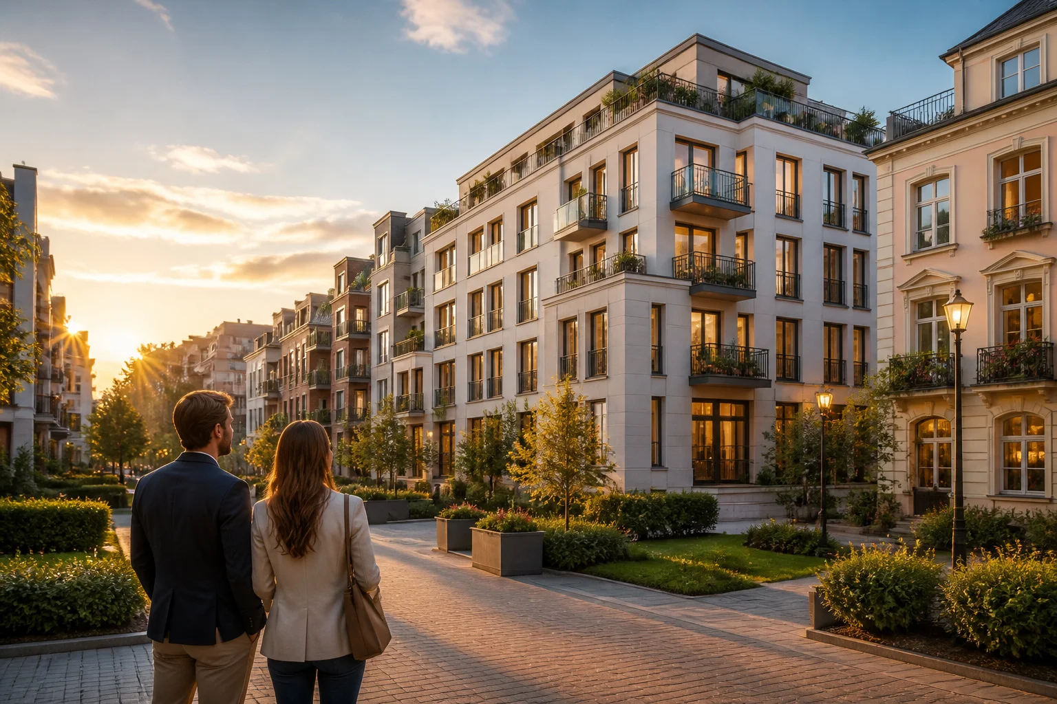 Quartier residentiel europeen au coucher du soleil