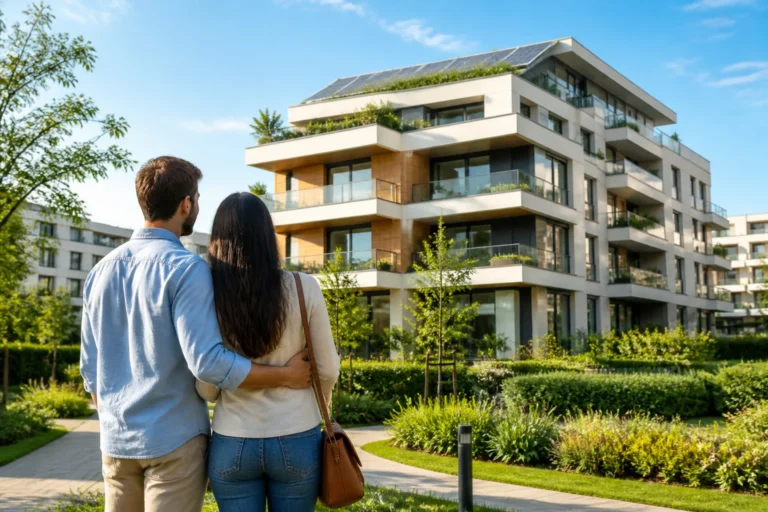 Couple contemplant un immeuble moderne et durable