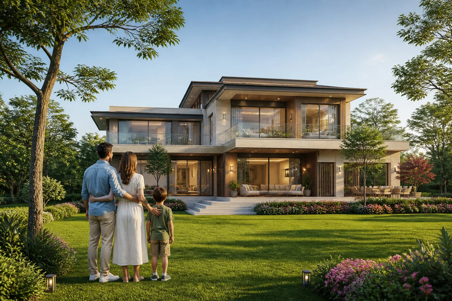 Famille devant une villa moderne de luxe