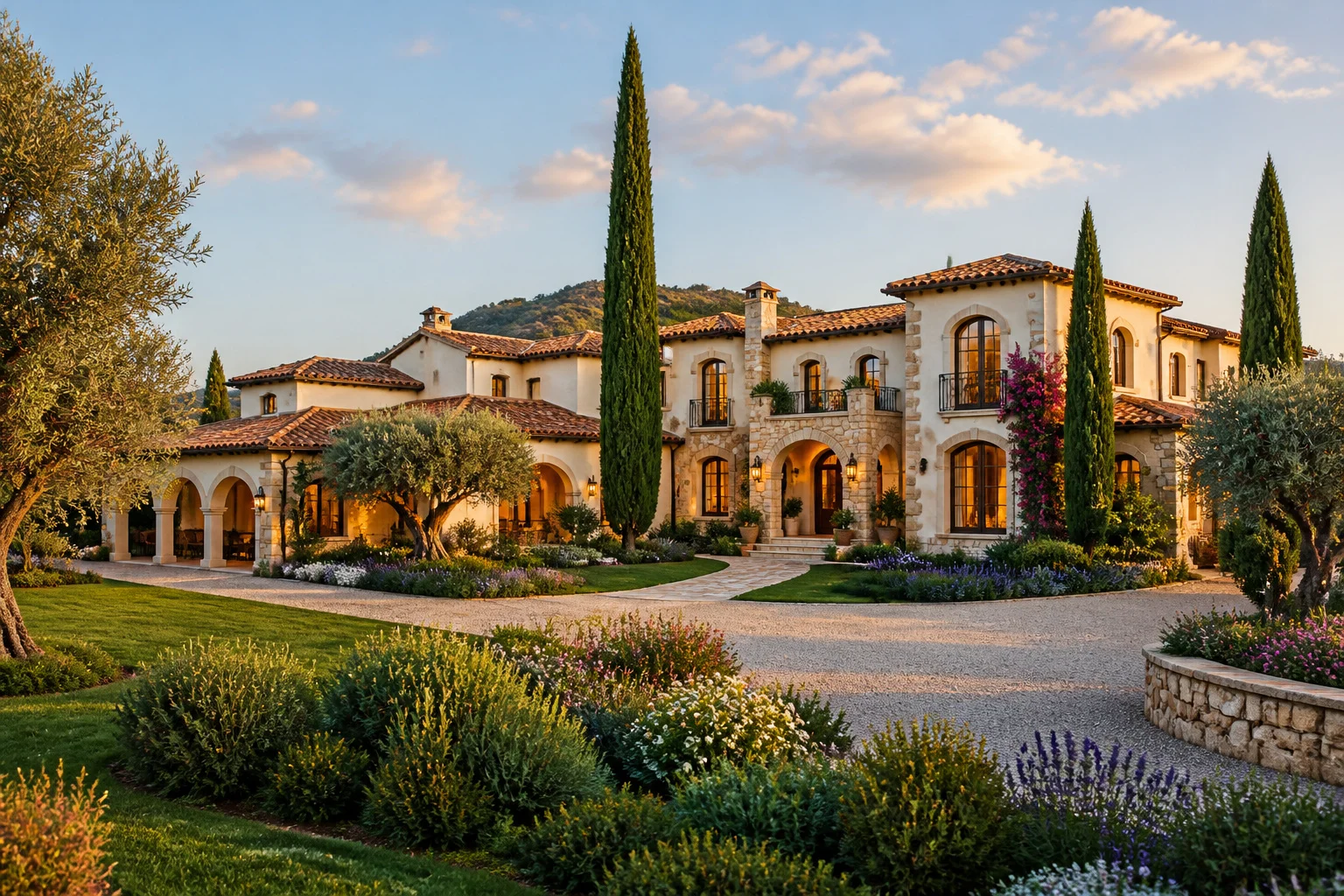 Villa mediterraneenne luxueuse au crepuscule