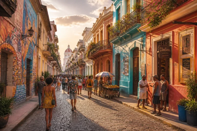 Rue animee de quartier aux couleurs vives