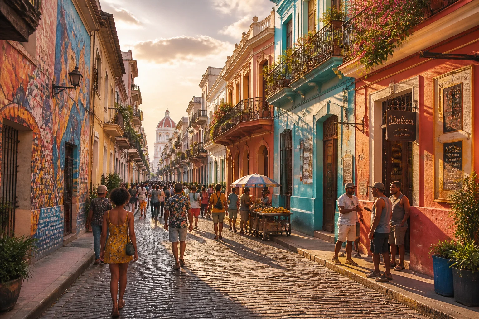 Rue animee de quartier aux couleurs vives