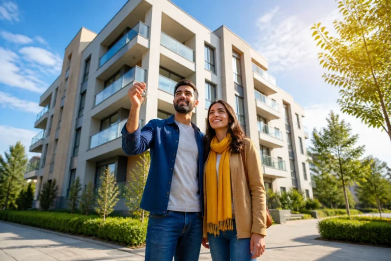 Couple heureux devant leur nouvel appartement