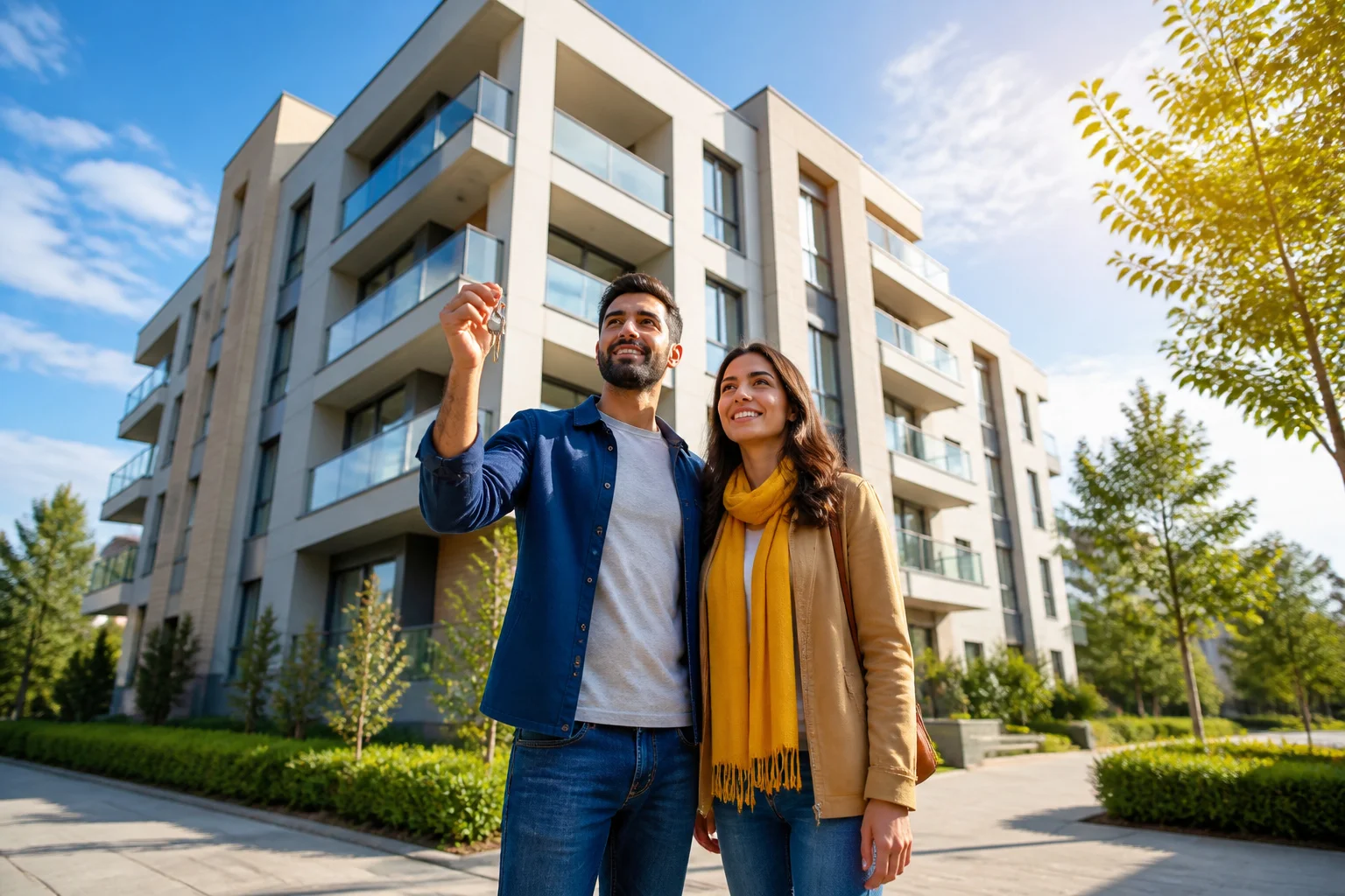 Couple heureux devant leur nouvel appartement