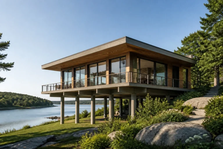 Maison moderne sur pilotis au bord de leau