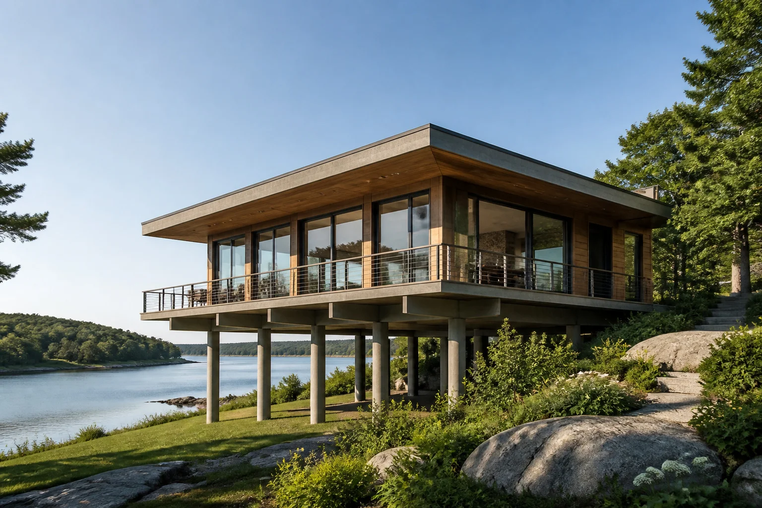 Maison moderne sur pilotis au bord de leau